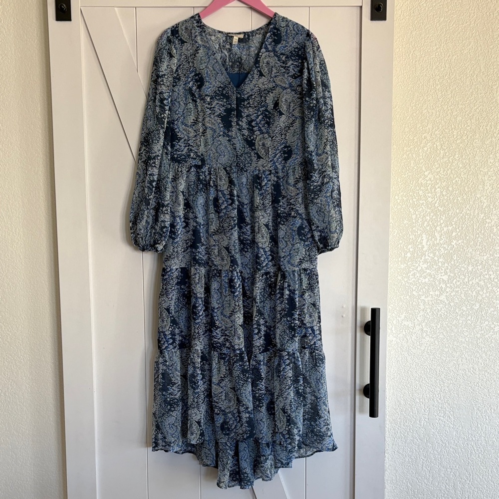 Joie Navy and Light Blue Paisley Chiffon Long Sleeve Dress